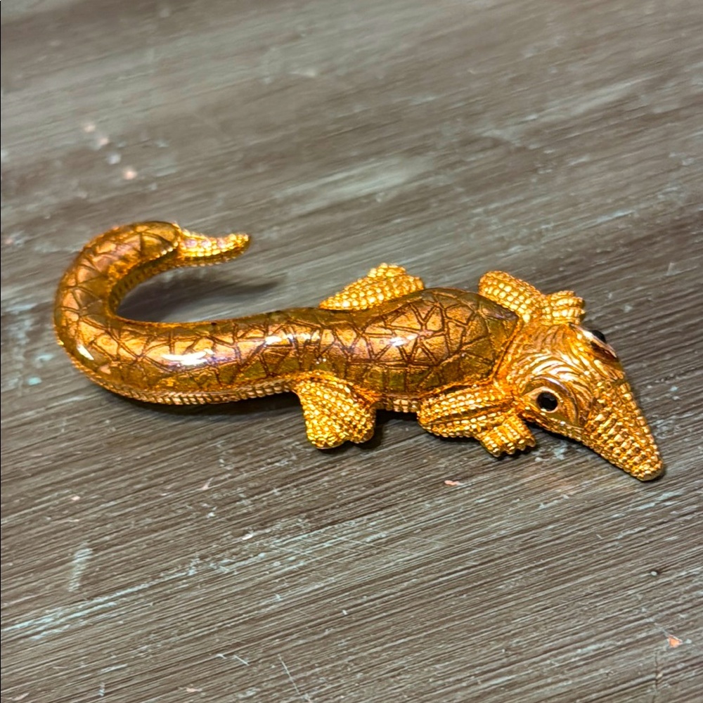 90s SJ Large Alligator Brooch/ Gold With Enamel Rhinestones Jewel Eyes Brooch